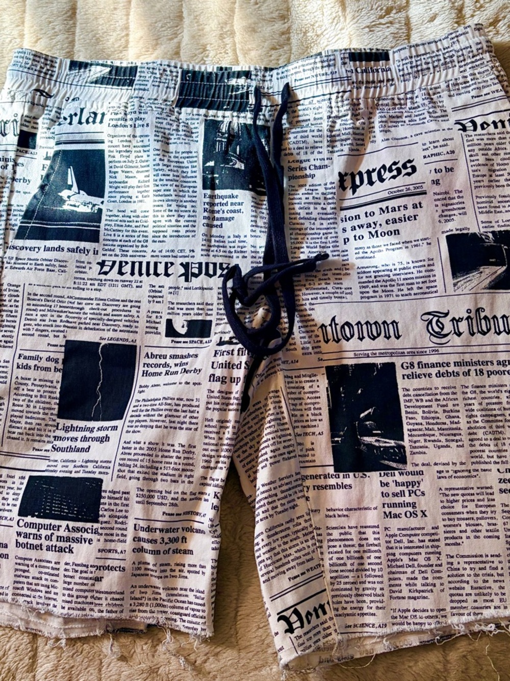 Men's Black & White Newspaper Print Swim Board Shorts